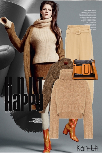 Beige strikket genser og brun jakke 1-11- Fashion set
