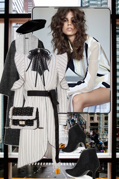 Stripet kjole og sort kåpe 5-11- Combinaciónde moda