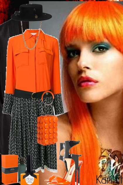 Oransje-sort kjole og sort kåpe 5-11- Modekombination