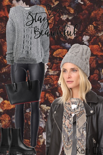 Grå genser og sort skinnbukse 6-11- Модное сочетание