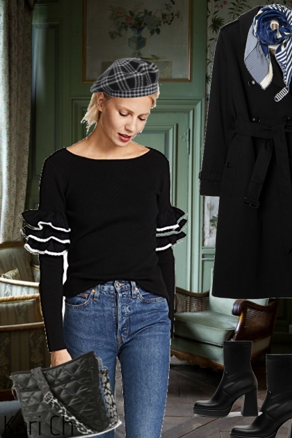Strikket sort genser og kåpe 7-11- Combinazione di moda