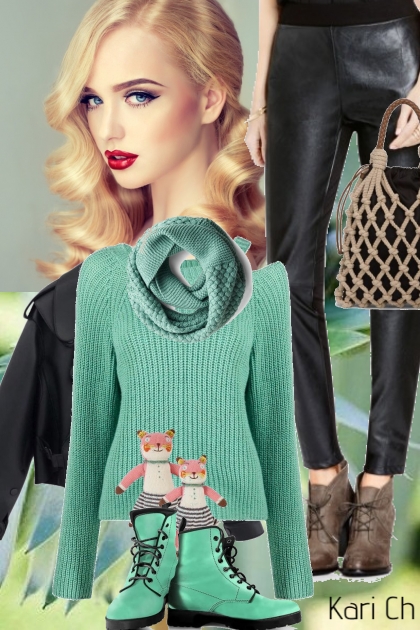 Grønn strikket genser og bukse 7-11- Modna kombinacija