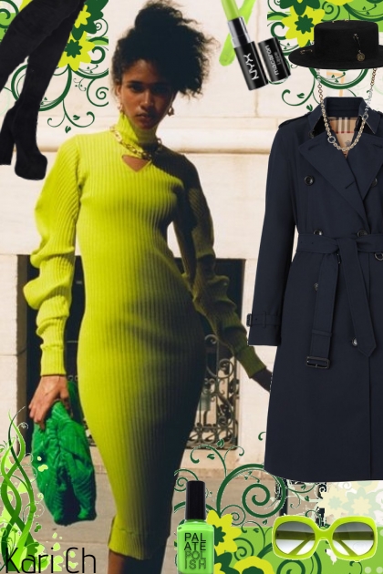 Grønn kjole og sort kåpe 9-11- combinação de moda