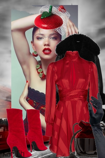 Rød kjole og sort kåpe 11-11- Modekombination