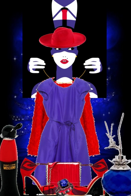 Blå kjole og rød kåpe 28-11- Combinaciónde moda
