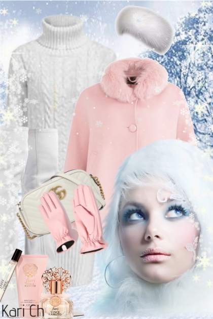 Hvit strikkekjole og rosa jakke 3-12- Modna kombinacija