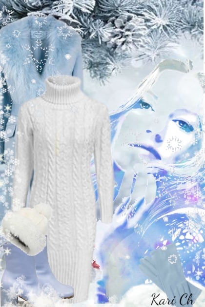 Hvit kjole og blå kåpe med pels 4-12- Modna kombinacija