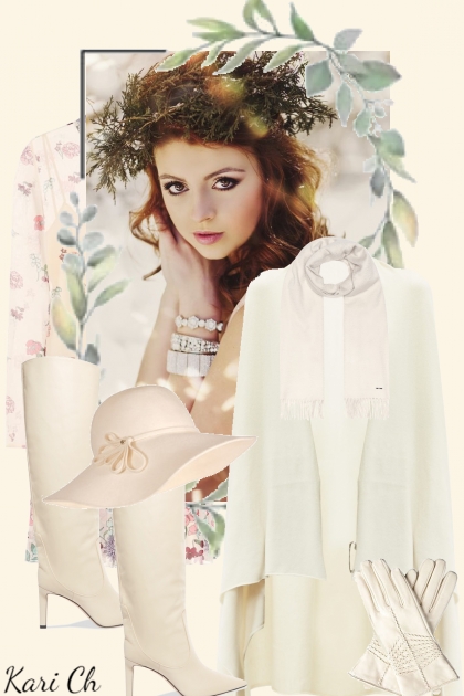 Blomstret kjole og hvit cape 10-12- Combinaciónde moda