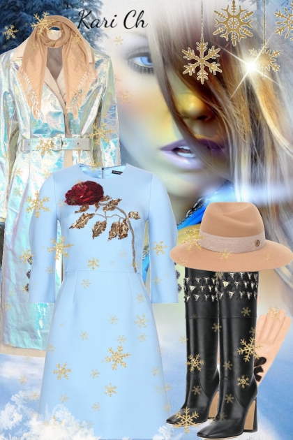 Lys blå kjole og metallic frakk 12-12- Combinazione di moda