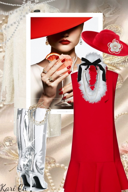 Rød kjole og hvit pels 12-12- Fashion set