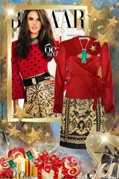 Mønstret gullskjørt og rød bluse 17-12- Modekombination