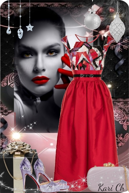 Rød kjole med mønstret topp 18-12- Modekombination
