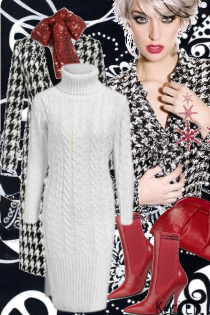 Hvit strikkekjole og mønstret kåpe 31-1- Combinazione di moda