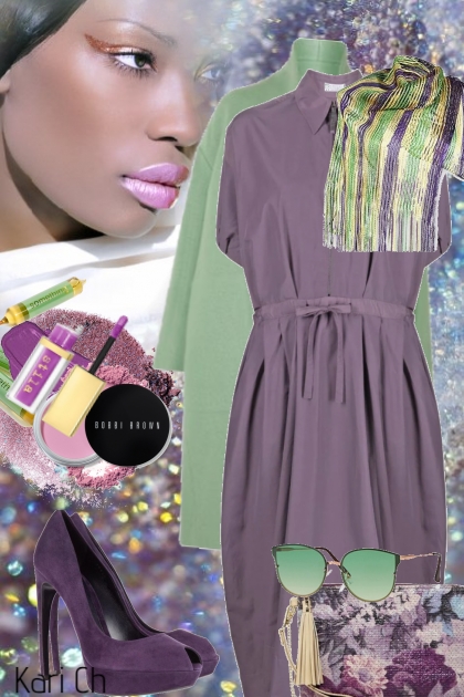 Lilla kjole og grønn kåpe 1-2- Combinazione di moda