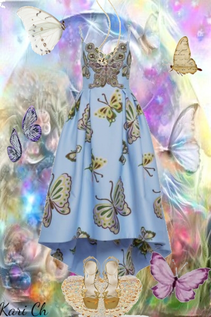 Kjole med sommerfugler og gullsko- Fashion set
