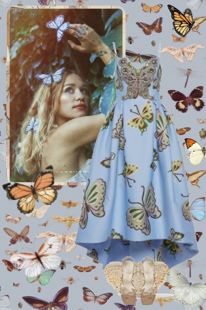 Sommerfugler på blå kjole - Combinaciónde moda