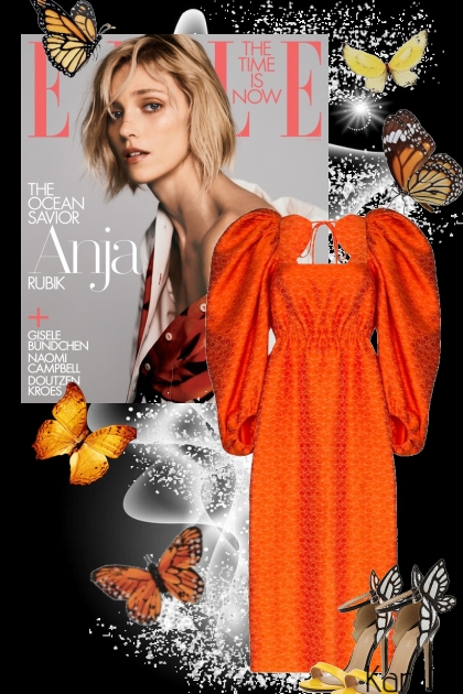 Oransje kjole og sko med sommerfugler- Fashion set