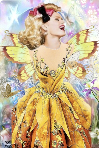 Gul kjole med sommerfugler 25--- Combinazione di moda