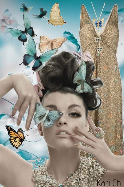 Gullkjole med sommerfugler 26-- Fashion set