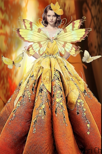 Brun-gul kjole med sommerfugler- combinação de moda