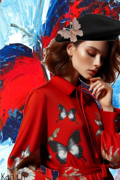 Rød kjole med sommerfugler - Модное сочетание