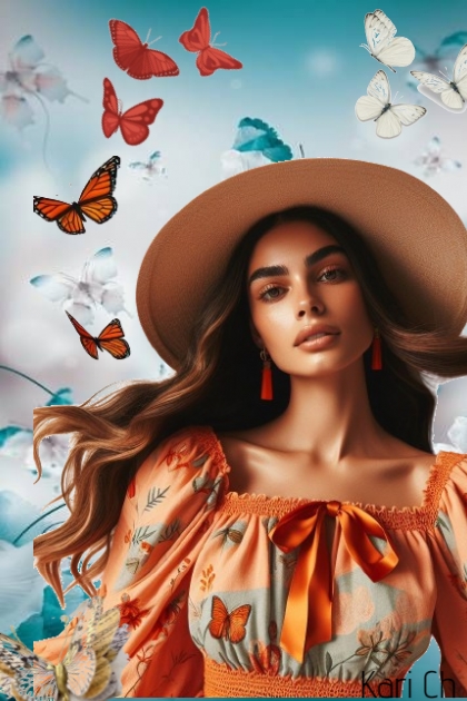 Kjole med oransje sommerfugler- Combinaciónde moda