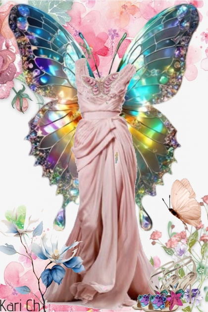 Sid kjole og sko med sommerfugler- Fashion set