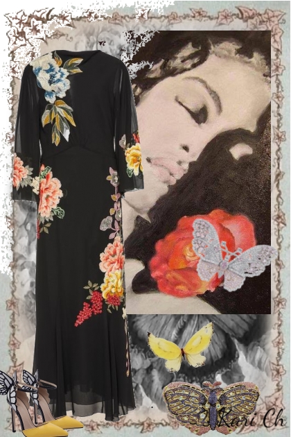 Sort kjole og tilbehør med sommerfugler- combinação de moda