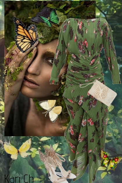 Grønn kjole og tilbehør med sommerfugler- 搭配