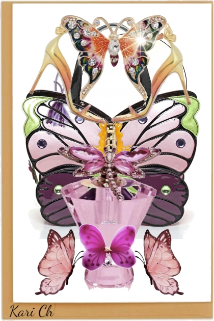 Veske,sko og parfyme med sommerfugler- Combinaciónde moda