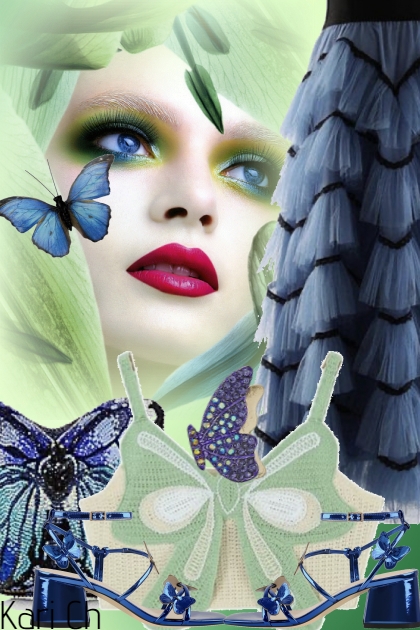 Blått skjørt og tilbehør med sommerfugler- Modekombination