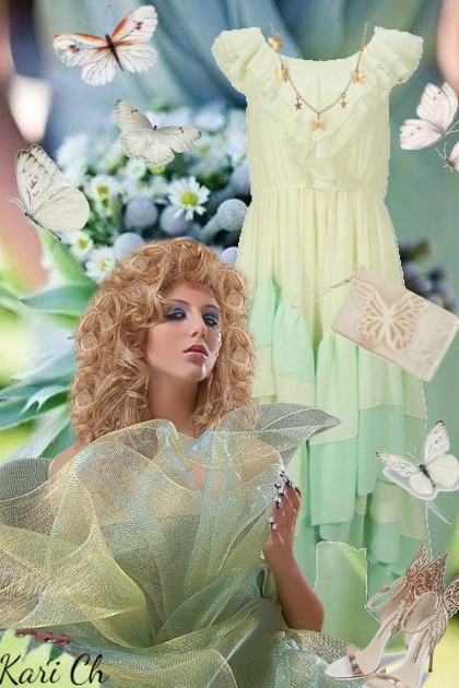 Lys grønn kjole og tilbehør med sommerfugler- Combinazione di moda