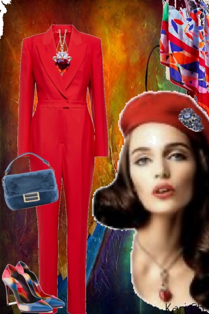 Rød buksedress og blått tilbehør- combinação de moda