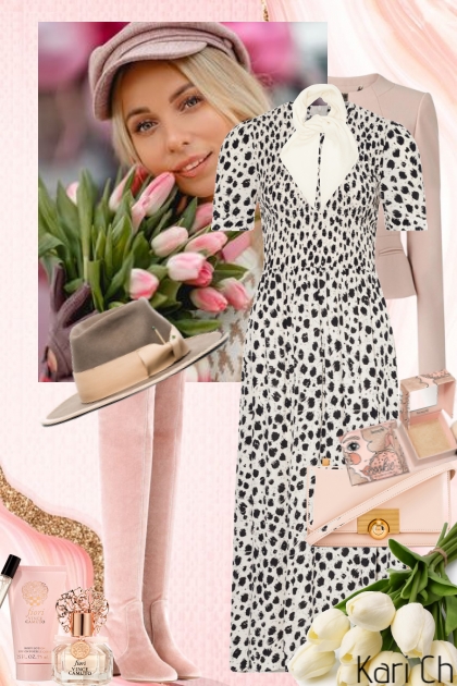 Mønstret kjole og rosa jakke 10-3- Modekombination