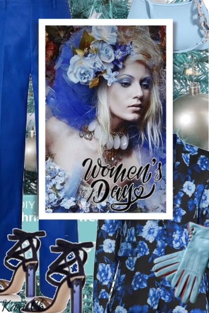 Blomstret jakke og blå bukse 14-3- combinação de moda