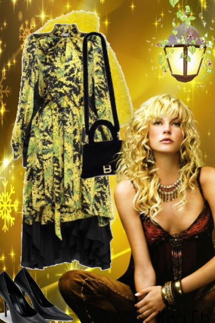 Gul/sort mønstret kjole og gul jakke 15- combinação de moda