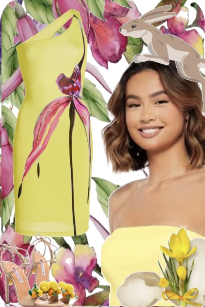 Gul kjole med lilla blomst- Modna kombinacija