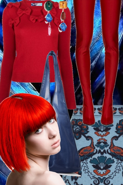 Mønstret blått skjørt og rød topp 11-4- Модное сочетание