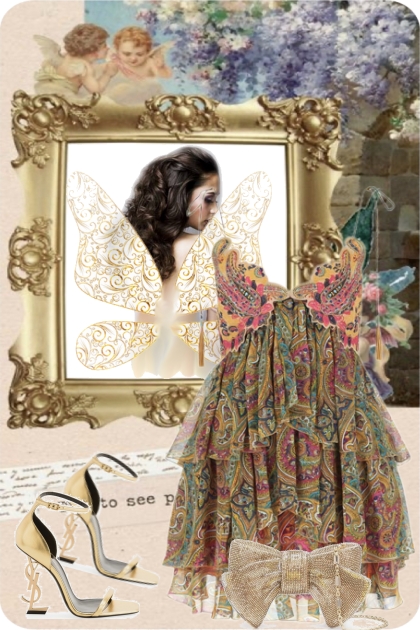 Mønstret kjole og gull tilbehør 12-4- Modna kombinacija