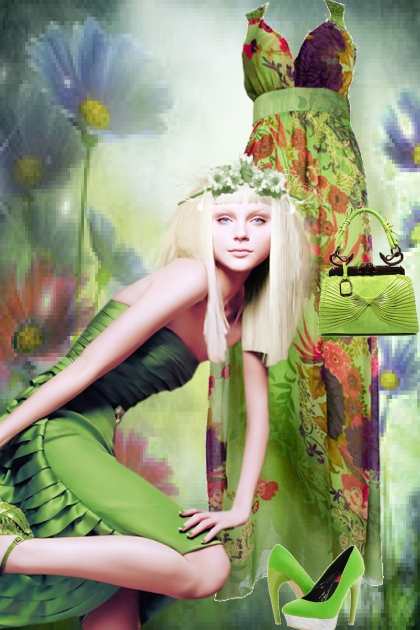 Grønn sid kjole med blomster ---- Modna kombinacija