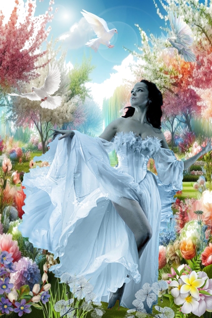 Dame med duer og blomster- Modekombination