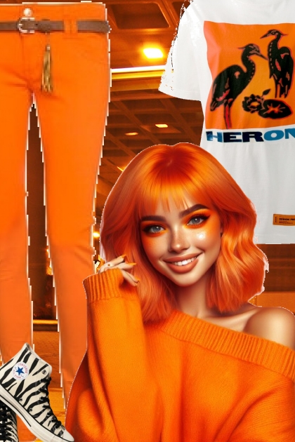 Oransje bukse og T-skjorte 28-5- コーディネート