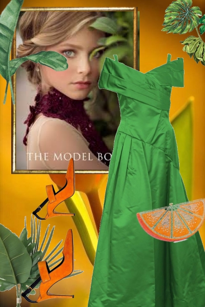 Grønn sid kjole og oransje tilbehør--