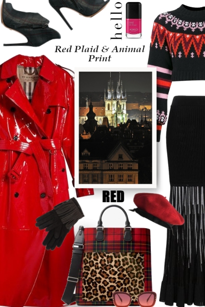Red Plaid and Animal Print- combinação de moda
