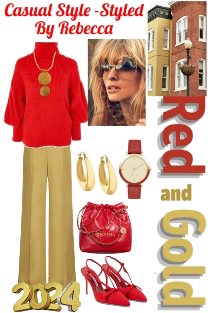 Red and Gold Casual Style- Combinaciónde moda