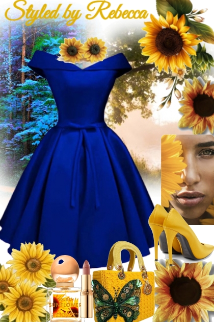 Blue Dress In A Sunflower Delight- Модное сочетание