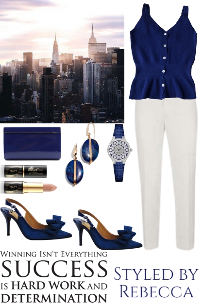 Blue and White Spring Work Style- Combinazione di moda