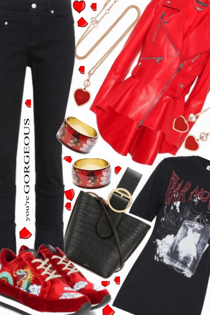Red Leather Jacket- Combinazione di moda