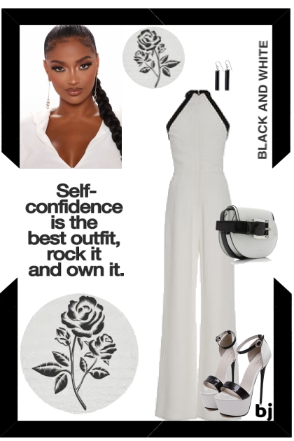 White Jumpsuit with Black Trim- combinação de moda