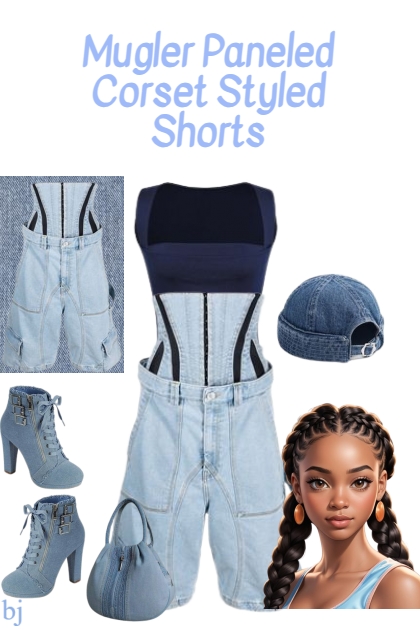 Mugler Paneled Corset Styled Denim Shorts- combinação de moda